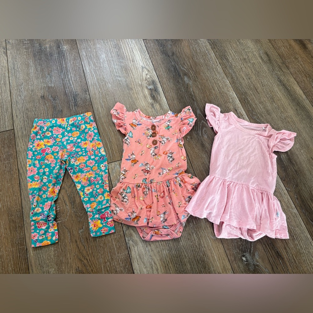 Posh peanut bundle 6-12 months onesie bamboo  3 piece dress and Barbie pants